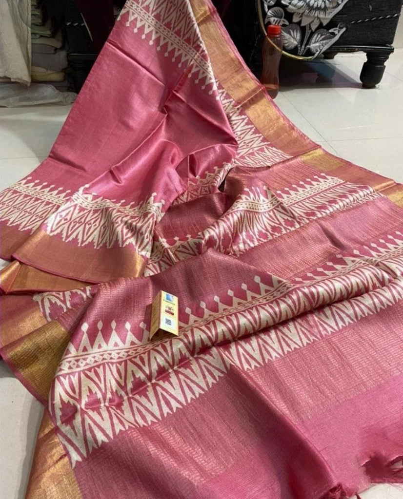 Zynah Pure Tussar Silk Saree with Hand-block Prints; Custom Stitched/Ready-made Blouse, Fall, Petticoat; Shipping available USA, Worldwide