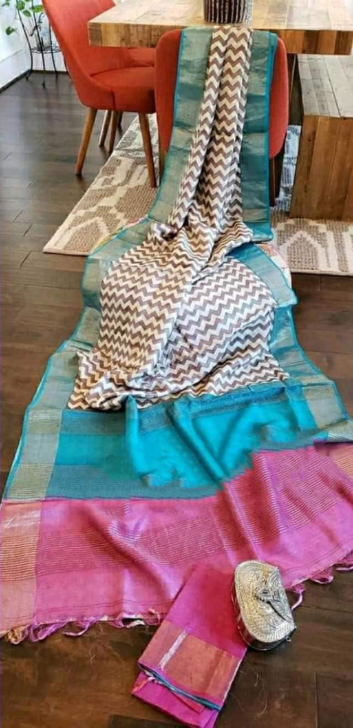 Zynah Pure Tussar Silk Saree with Hand-block Prints & Zari Border; Custom Stitched/Ready-made Blouse, Fall, Petticoat; Shipping available USA, Worldwide