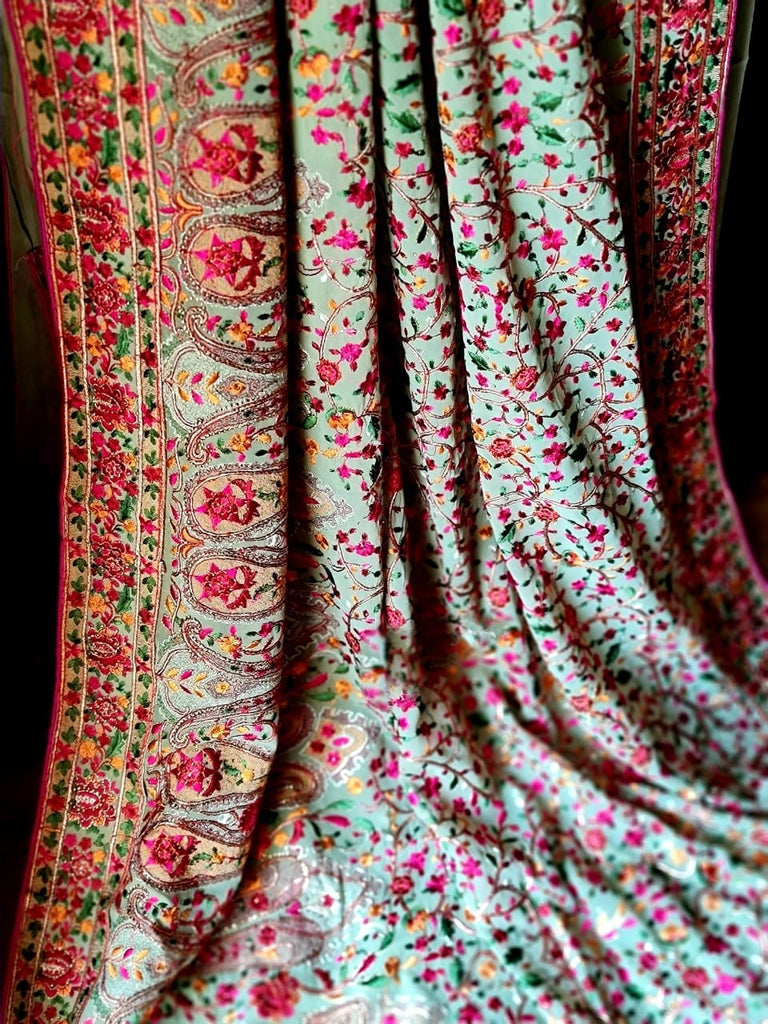 Zynah Designer Georgette Saree with Kashmiri Kaaj Embbroidery & Swarovski Stone Work; Custom Stitched/Ready-made Blouse, Fall, Petticoat; Shipping available USA, Worldwide