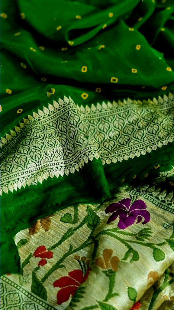 Zynah Pure Handwoven Khaddi Chiffon Saree with Bandhej Prints; Custom Stitched/Ready-made Blouse, Fall, Petticoat; Shipping available USA, Worldwide