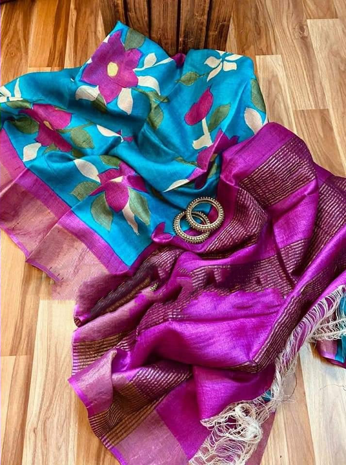 Zynah Pure Tussar Silk Saree with Hand-block Prints & Zari Border; Custom Stitched/Ready-made Blouse, Fall, Petticoat; Shipping available USA, Worldwide