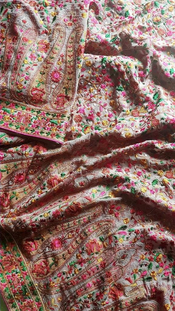 Zynah Designer Georgette Saree with Kashmiri Kaaj Embbroidery & Swarovski Stone Work; Custom Stitched/Ready-made Blouse, Fall, Petticoat; Shipping available USA, Worldwide