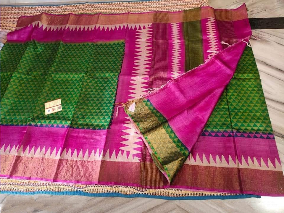 Zynah Pure Tussar Silk Saree with Hand-block Prints & Zari Border; Custom Stitched/Ready-made Blouse, Fall, Petticoat; Shipping available USA, Worldwide