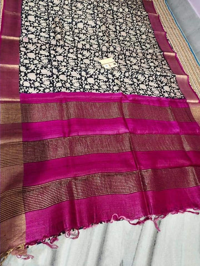 Zynah Pure Tussar Silk Saree with Hand-block Prints & Zari Border; Custom Stitched/Ready-made Blouse, Fall, Petticoat; Shipping available USA, Worldwide