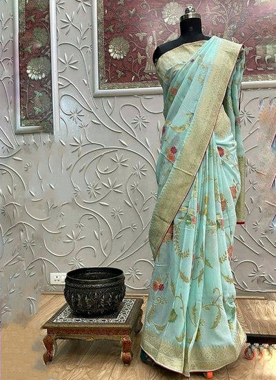 Zynah Pure Khaddi Georgette Saree with Golden Zari & Meenakari Weave; Custom Stitched/Ready-made Blouse, Fall, Petticoat; Shipping available USA, Worldwide