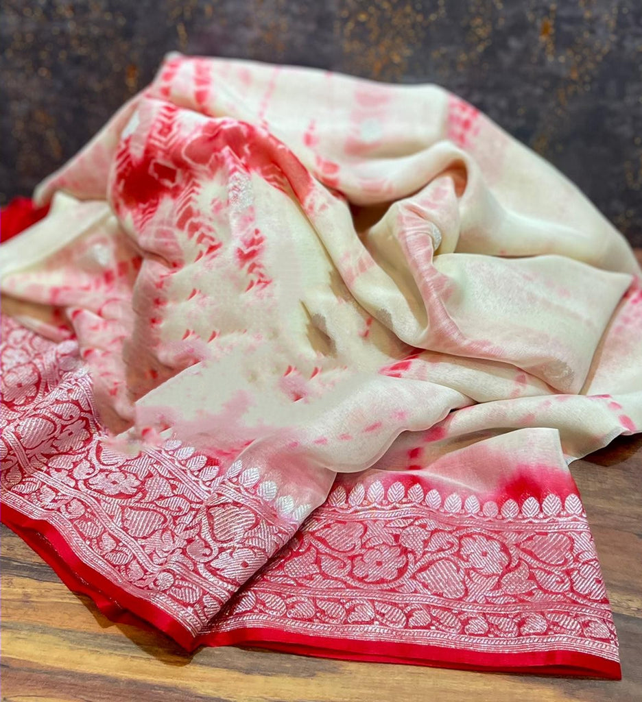 Zynah Pure Khaddi Georgette Banarasi Saree with Shibori Design & SIlver Zari Weave; Custom Stitched/Ready-made Blouse, Fall, Petticoat; Shipping available USA, Worldwide