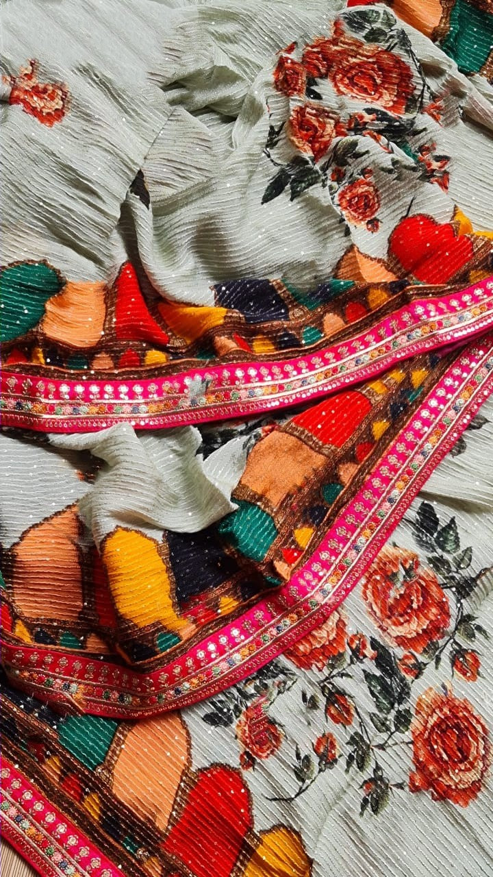 Zynah Pure Georgette Saree, Sabyasachi Inspiration, Digital Printed, Sequins & Hand-Embroidery Work; Custom Stitched/Ready-made Blouse, Fall, Petticoat; Shipping available USA, Worldwide