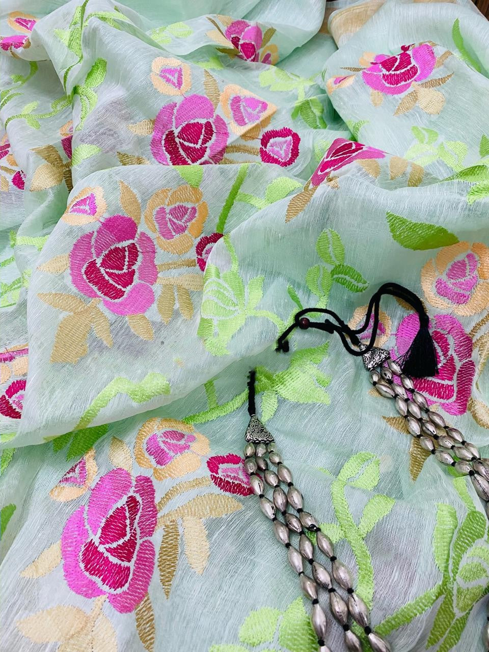 Zynah Silk Linen saree with Jaal Embroidery; Custom Stitched/Ready-made Blouse, Fall, Petticoat; Shipping available USA, Worldwide