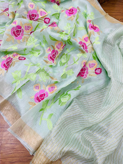 Zynah Silk Linen saree with Jaal Embroidery; Custom Stitched/Ready-made Blouse, Fall, Petticoat; Shipping available USA, Worldwide