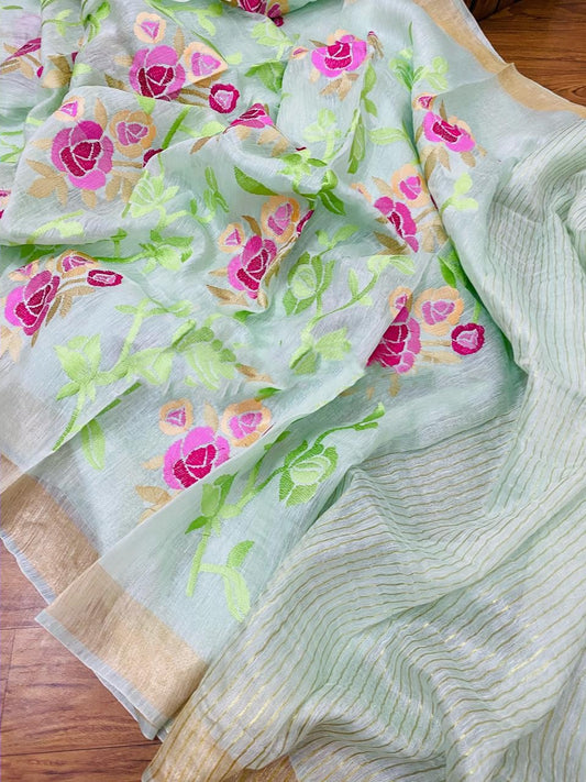 Zynah Silk Linen saree with Jaal Embroidery; Custom Stitched/Ready-made Blouse, Fall, Petticoat; Shipping available USA, Worldwide