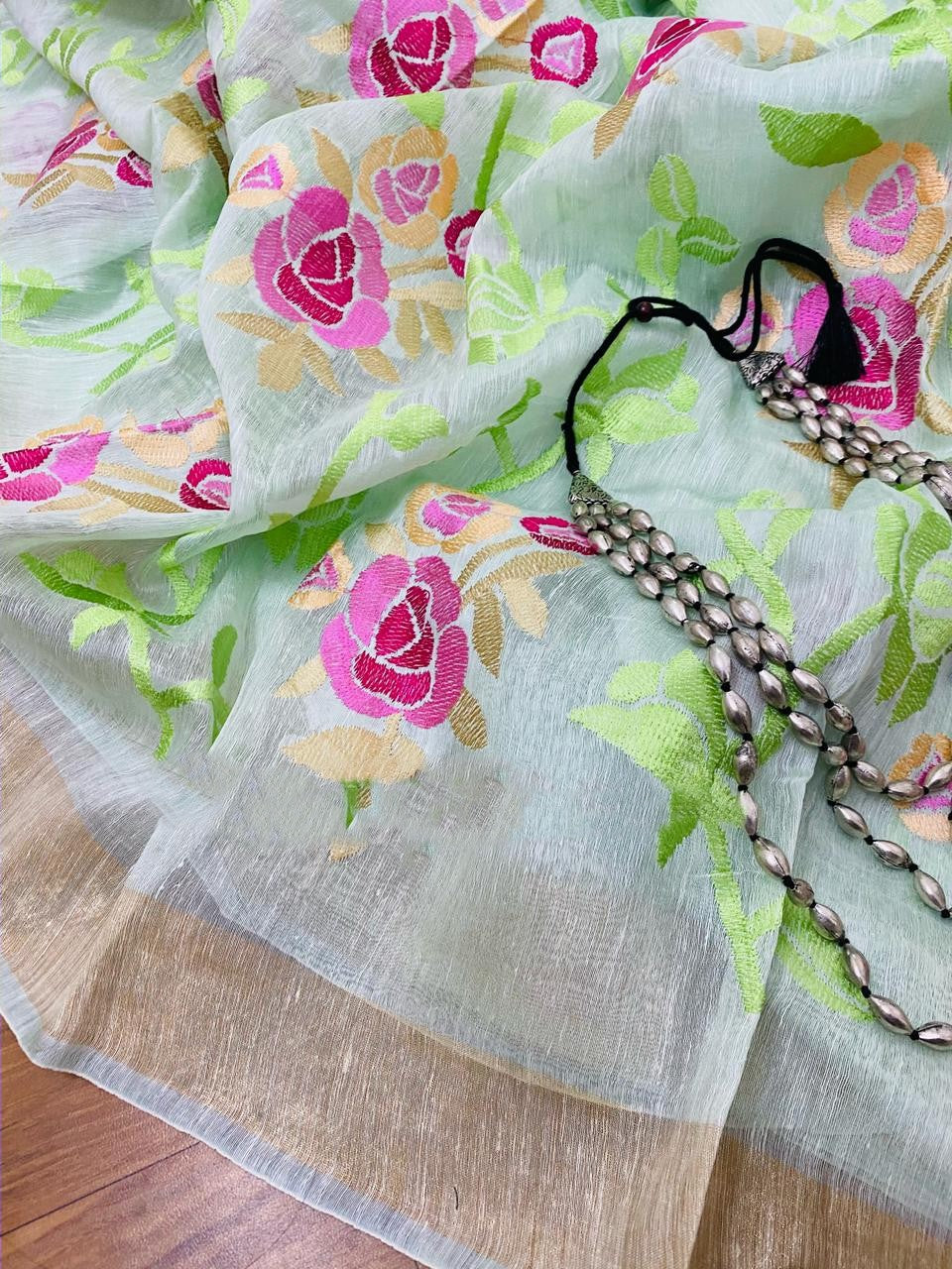 Zynah Silk Linen saree with Jaal Embroidery; Custom Stitched/Ready-made Blouse, Fall, Petticoat; Shipping available USA, Worldwide