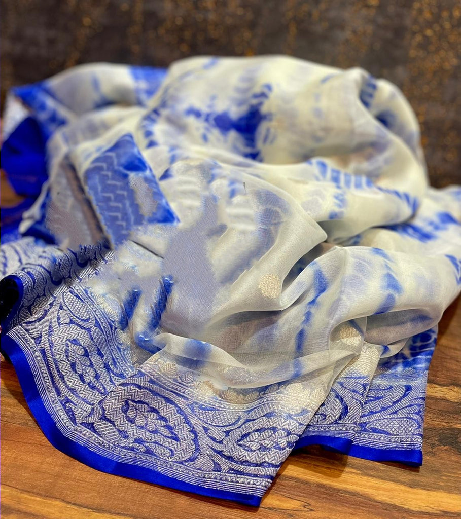 Zynah Pure Khaddi Georgette Banarasi Saree with Shibori Design & SIlver Zari Weave; Custom Stitched/Ready-made Blouse, Fall, Petticoat; Shipping available USA, Worldwide