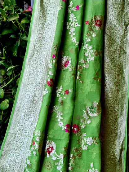 Zynah Pure Khaddi Georgette Banarasi Saree with Golden Zari and Meenakari Weaved Motifs; Custom Stitched/Ready-made Blouse, Fall, Petticoat; Shipping available USA, Worldwide