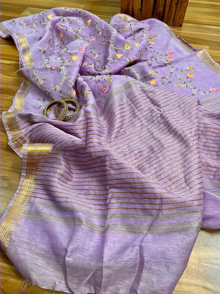 Zynah Silk Linen saree with Jaal Embroidery; Custom Stitched/Ready-made Blouse, Fall, Petticoat; Shipping available USA, Worldwide