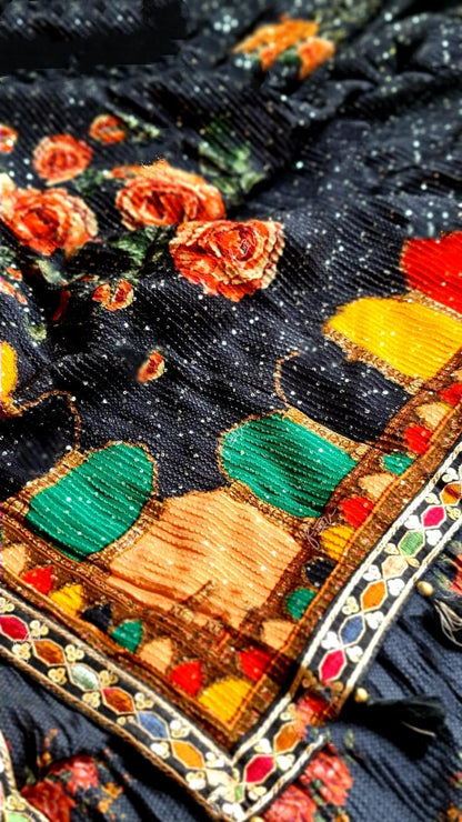 Zynah Pure Georgette Saree with Sabyasachi Inspiration, Digital Prints, Sequence & Hand-Embroidery Work; Custom Stitched/Ready-made Blouse, Fall, Petticoat; Shipping available USA, Worldwide