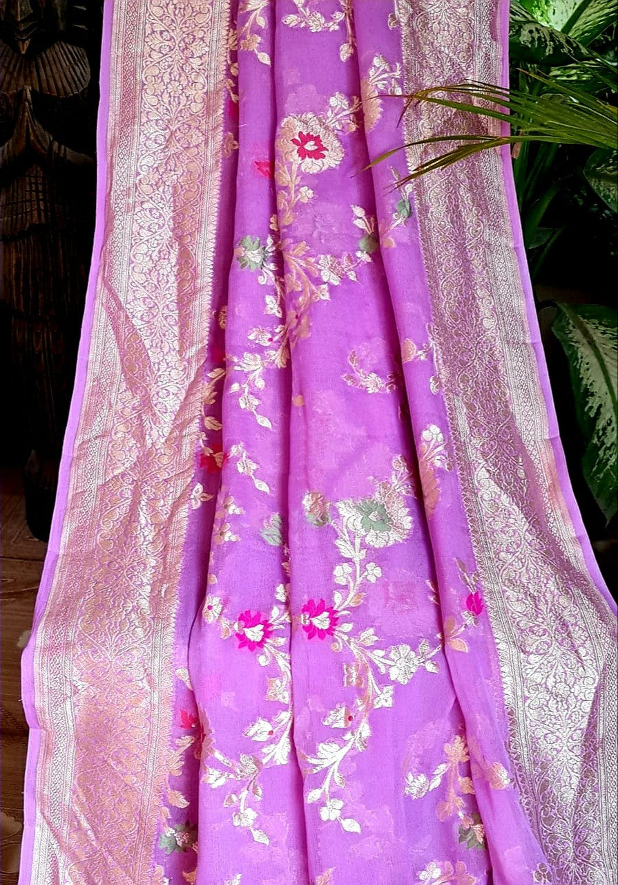 Zynah Pure Khaddi Georgette Banarasi Saree with Golden Zari and Meenakari Weaved Motifs; Custom Stitched/Ready-made Blouse, Fall, Petticoat; Shipping available USA, Worldwide
