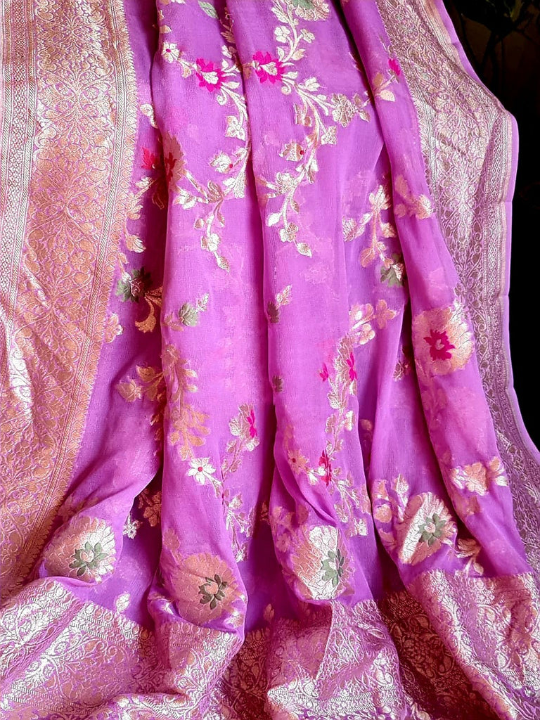 Zynah Pure Khaddi Georgette Banarasi Saree with Golden Zari and Meenakari Weaved Motifs; Custom Stitched/Ready-made Blouse, Fall, Petticoat; Shipping available USA, Worldwide