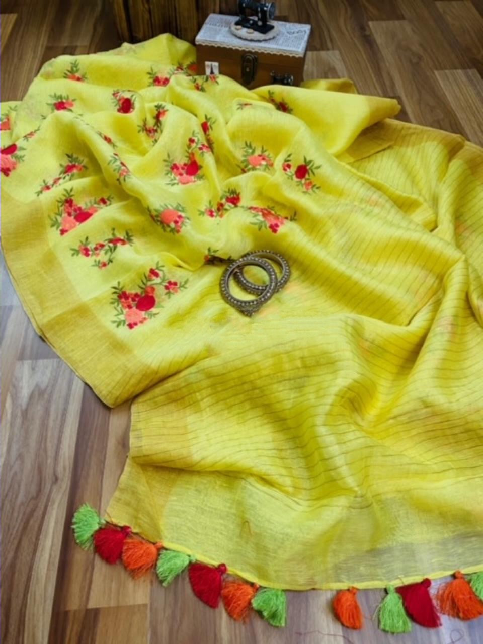 Zynah Pure Linen Silk Saree with Embroidery; Custom Stitched/Ready-made Blouse, Fall, Petticoat; Shipping available USA, Worldwide