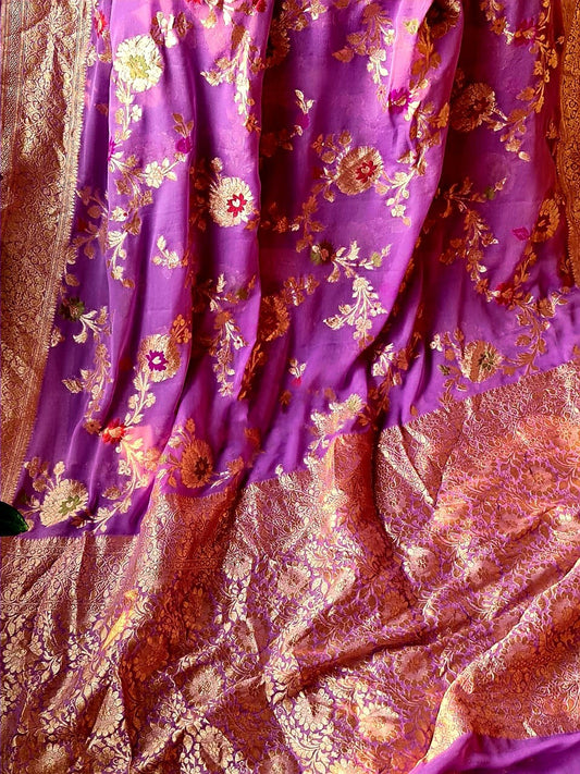Zynah Pure Khaddi Georgette Banarasi Saree with Golden Zari and Meenakari Weaved Motifs; Custom Stitched/Ready-made Blouse, Fall, Petticoat; Shipping available USA, Worldwide