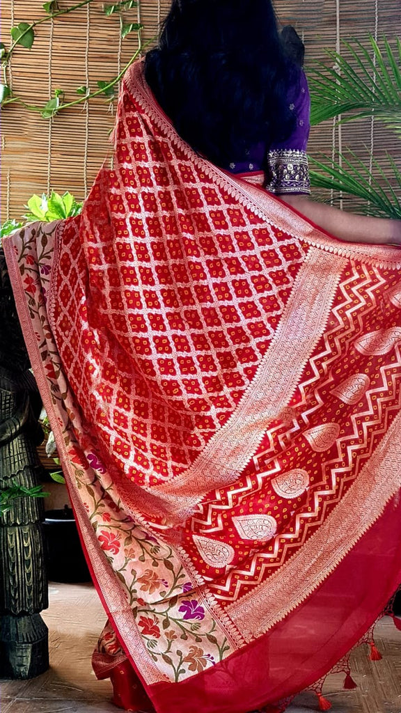 Zynah Pure Handwoven Khaddi Chiffon Saree with Bandhej Prints; Custom Stitched/Ready-made Blouse, Fall, Petticoat; Shipping available USA, Worldwide