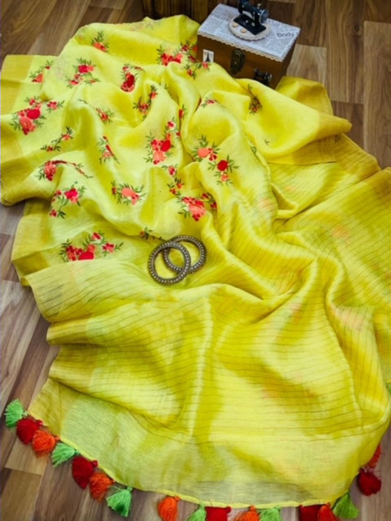 Zynah Pure Linen Silk Saree with Embroidery; Custom Stitched/Ready-made Blouse, Fall, Petticoat; Shipping available USA, Worldwide