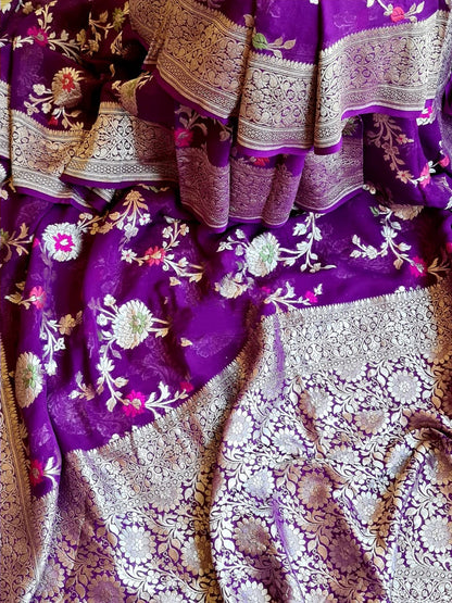 Zynah Pure Khaddi Georgette Banarasi Saree with Golden Zari & Meenakari Weaved Motifs; Custom Stitched/Ready-made Blouse, Fall, Petticoat; Shipping available USA, Worldwide