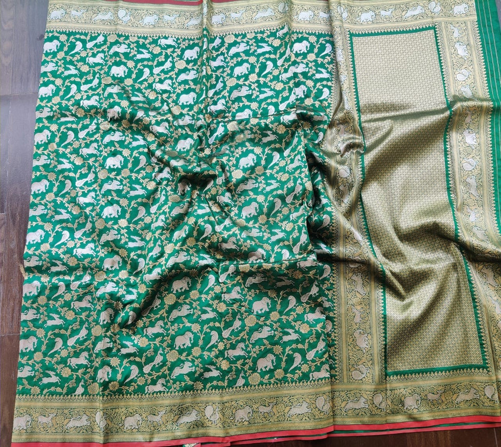 Zynah Pure Banarasi Soft Silk Saree with Shikargah Design; Custom Stitched/Ready-made Blouse, Fall, Petticoat; Shipping available USA, Worldwide