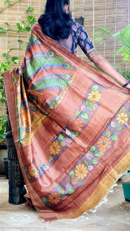 Zynah Pure Tussar Silk Saree with Hand-painted Kalamkari Design; Custom Stitched/Ready-made Blouse, Fall, Petticoat; Shipping available USA, Worldwide