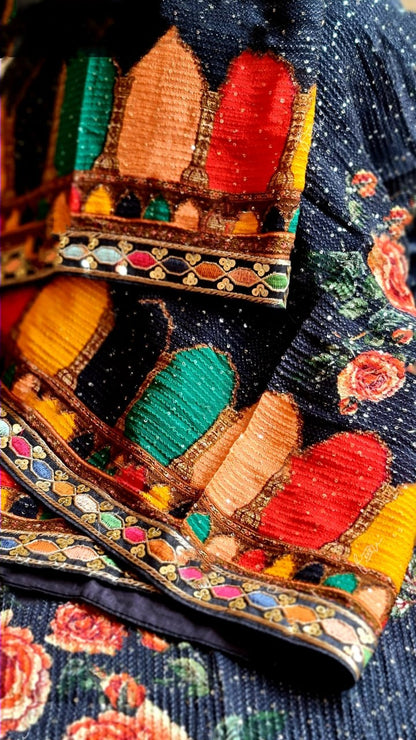 Zynah Pure Georgette Saree with Sabyasachi Inspiration, Digital Prints, Sequence & Hand-Embroidery Work; Custom Stitched/Ready-made Blouse, Fall, Petticoat; Shipping available USA, Worldwide