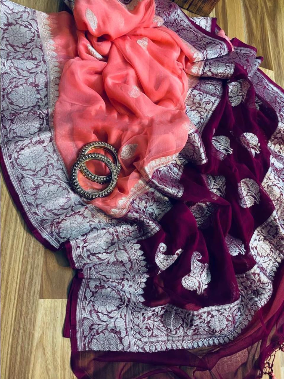 Zynah Pure Banarasi Handloom Khaddi Georgette Saree with Zari Border & Butis; Custom Stitched/Ready-made Blouse, Fall, Petticoat; Shipping available USA, Worldwide