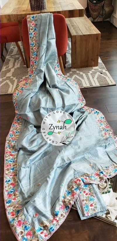 Zynah Made to Order Pure Tussar Silk Parsi Gara Handcrafted Saree; Custom Stitched/Ready-made Blouse, Fall, Petticoat; Shipping available USA, Worldwide