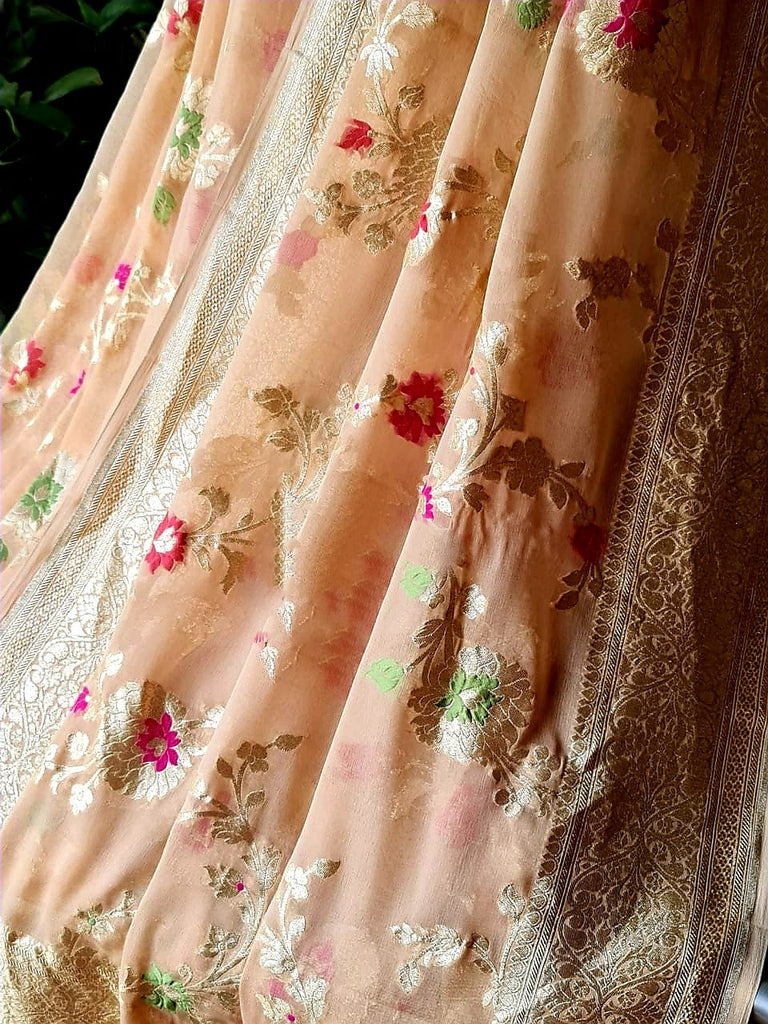 Zynah Pure Khaddi Georgette Banarasi Saree with Golden Zari and Meenakari Weaved Motifs; Custom Stitched/Ready-made Blouse, Fall, Petticoat; Shipping available USA, Worldwide