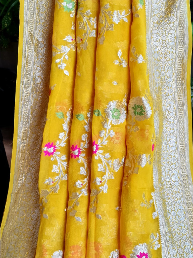 Zynah Pure Khaddi Georgette Banarasi Saree with Golden Zari & Meenakari Weave Motifs; Custom Stitched/Ready-made Blouse, Fall, Petticoat; Shipping available USA, Worldwide