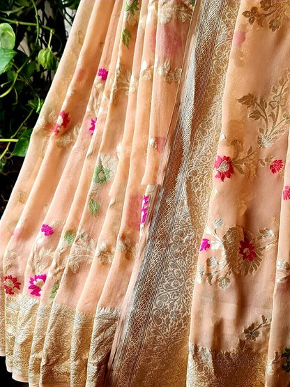 Zynah Pure Khaddi Georgette Banarasi Saree with Golden Zari and Meenakari Weaved Motifs; Custom Stitched/Ready-made Blouse, Fall, Petticoat; Shipping available USA, Worldwide