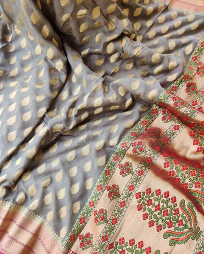 Zynah Khaddi Georgette Saree with Paithani Pallu; Custom Stitched/Ready-made Blouse, Fall, Petticoat; Shipping available USA, Worldwide