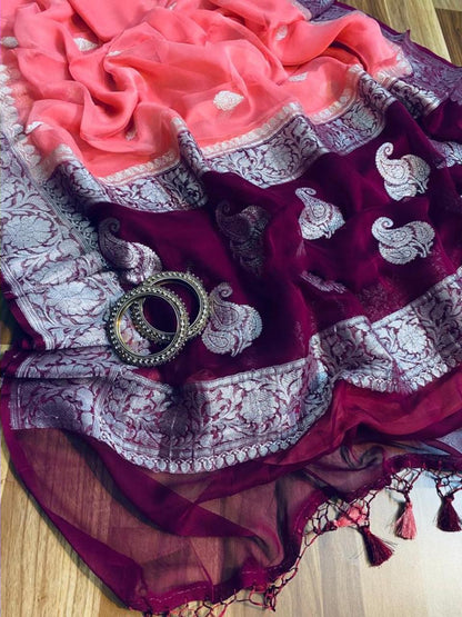 Zynah Pure Banarasi Handloom Khaddi Georgette Saree with Zari Border & Butis; Custom Stitched/Ready-made Blouse, Fall, Petticoat; Shipping available USA, Worldwide
