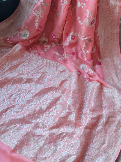Zynah Pure Khaddi Georgette Banarasi Saree with Golden Zari & Meenakari Weaved Motifs; Custom Stitched/Ready-made Blouse, Fall, Petticoat; Shipping available USA, Worldwide