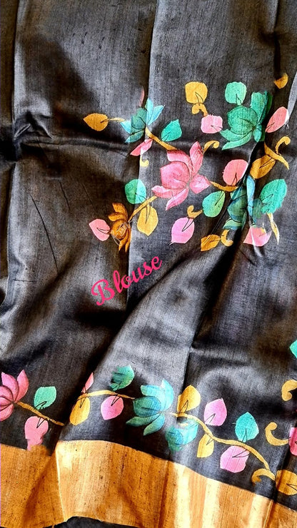 Zynah Pure Tussar Silk Saree with Hand-painted Kalamkari Design; Custom Stitched/Ready-made Blouse, Fall, Petticoat; Shipping available USA, Worldwide