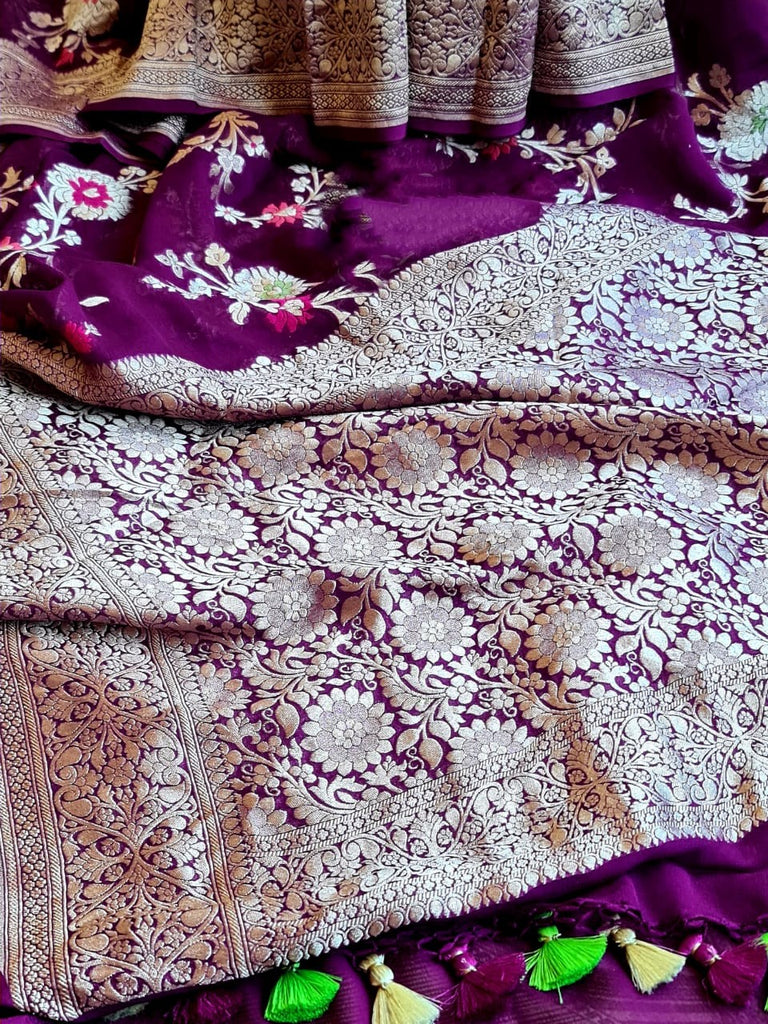 Zynah Pure Khaddi Georgette Banarasi Saree with Golden Zari & Meenakari Weaved Motifs; Custom Stitched/Ready-made Blouse, Fall, Petticoat; Shipping available USA, Worldwide