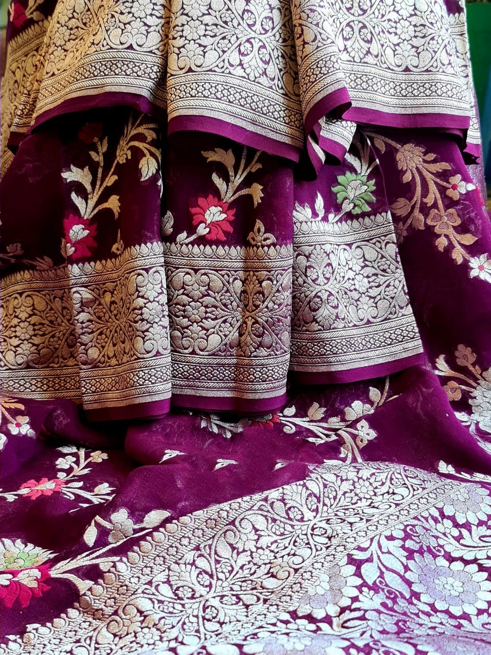 Zynah Pure Khaddi Georgette Banarasi Saree with Golden Zari & Meenakari Weaved Motifs; Custom Stitched/Ready-made Blouse, Fall, Petticoat; Shipping available USA, Worldwide