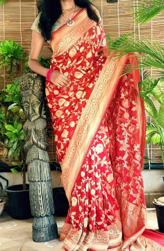 Zynah Pure Banarasi Woven Khaddi Georgette Saree; Custom Stitched/Ready-made Blouse, Fall, Petticoat; Shipping available USA, Worldwide
