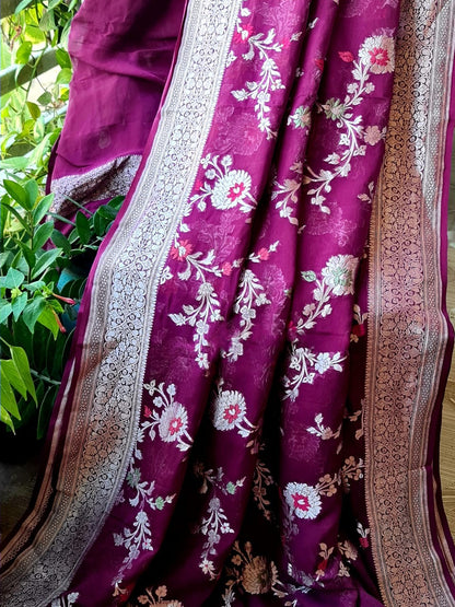 Zynah Pure Khaddi Georgette Banarasi Saree with Golden Zari & Meenakari Weaved Motifs; Custom Stitched/Ready-made Blouse, Fall, Petticoat; Shipping available USA, Worldwide