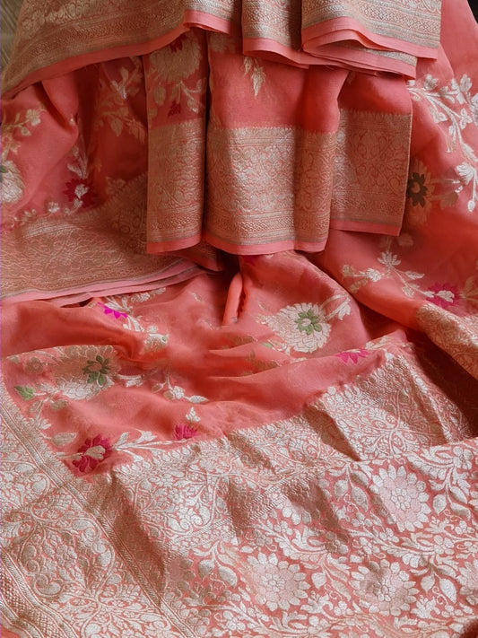 Zynah Pure Khaddi Georgette Banarasi Saree with Golden Zari & Meenakari Weaved Motifs; Custom Stitched/Ready-made Blouse, Fall, Petticoat; Shipping available USA, Worldwide