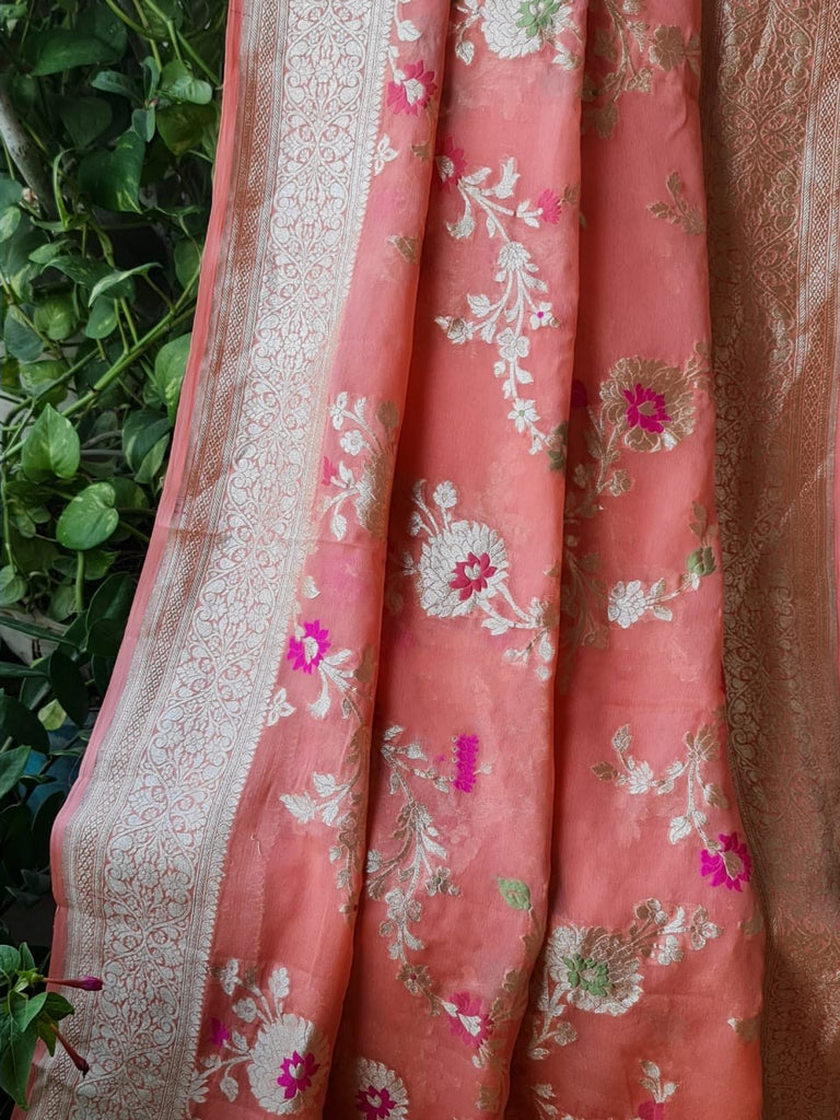 Zynah Pure Khaddi Georgette Banarasi Saree with Golden Zari & Meenakari Weaved Motifs; Custom Stitched/Ready-made Blouse, Fall, Petticoat; Shipping available USA, Worldwide