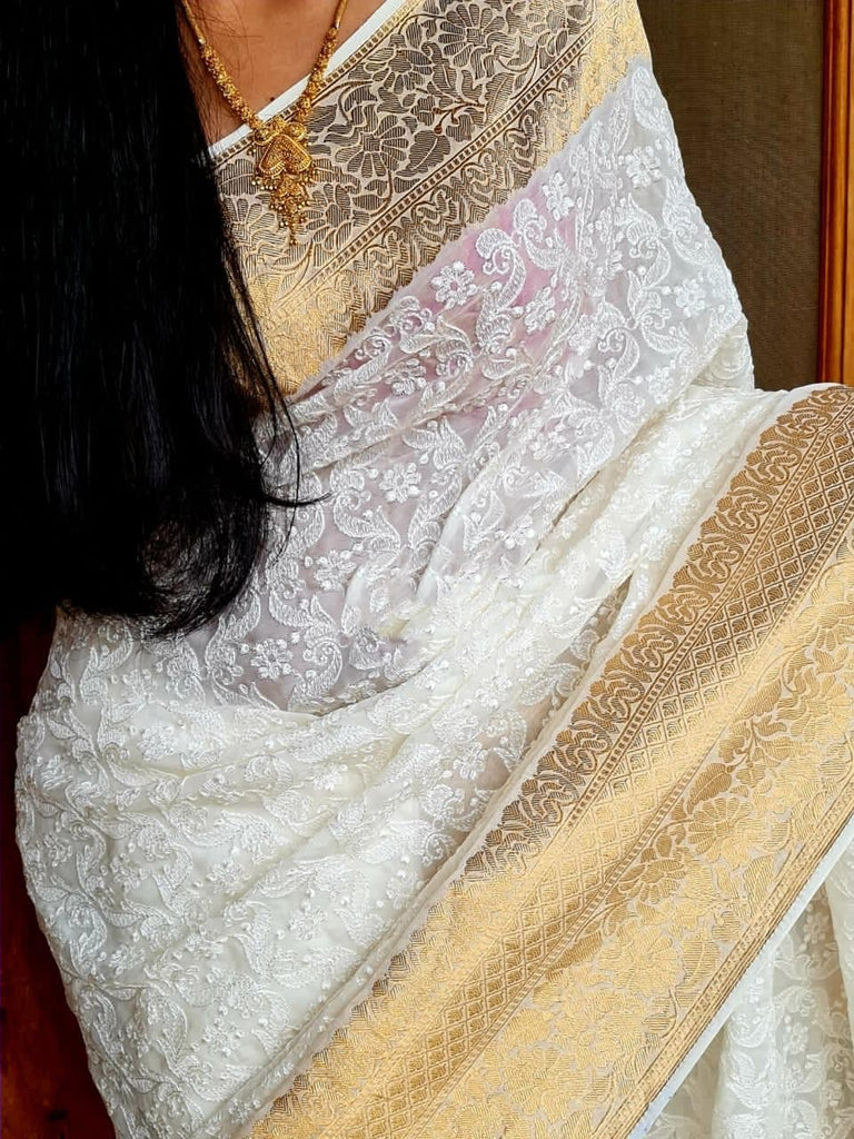 Zynah Pure Khaddi Georgette Saree with Chikankari Work; Custom Stitched/Ready-made Blouse, Fall, Petticoat; Shipping available USA, Worldwide
