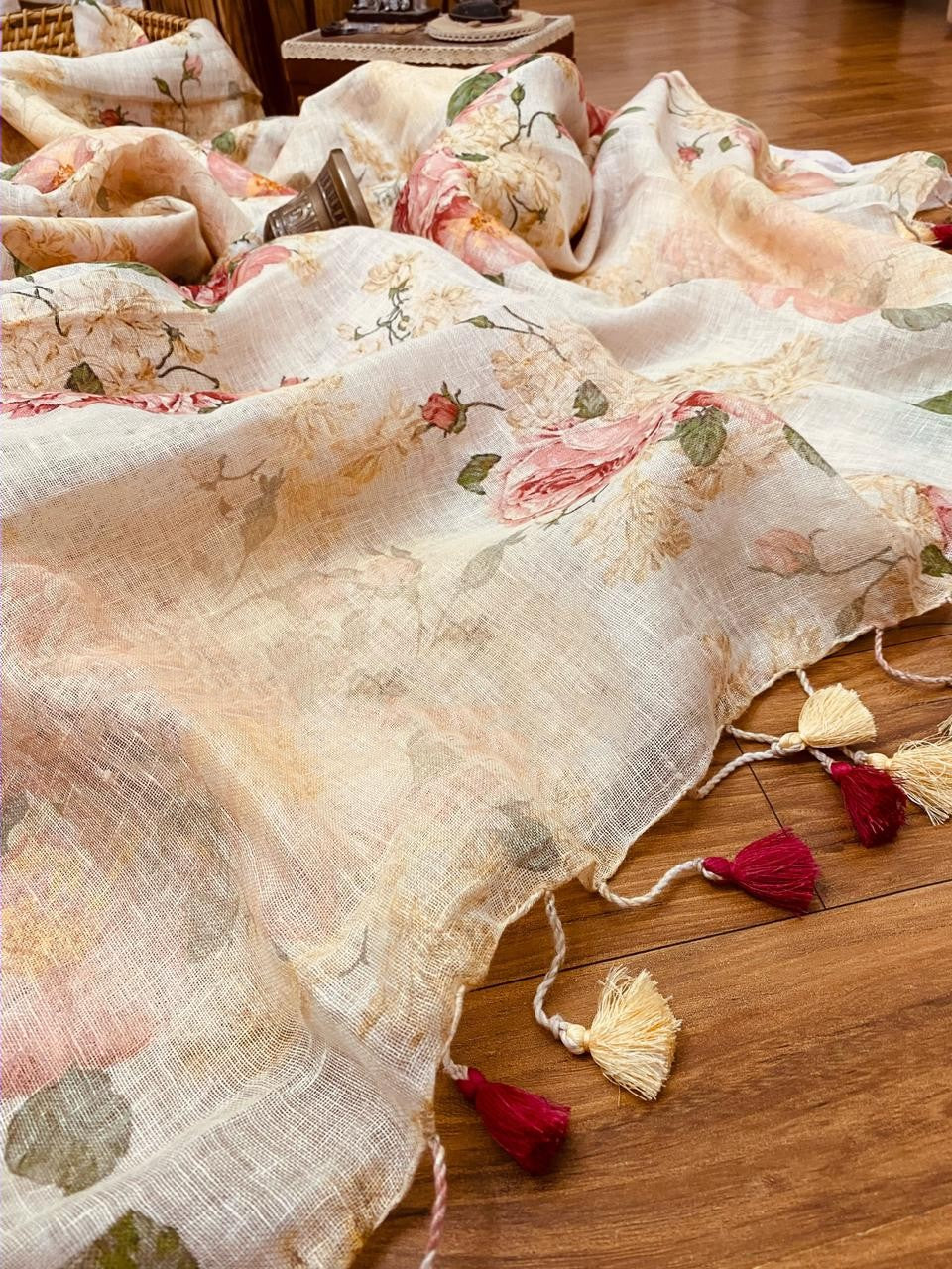 Zynah Pure Linen Saree; Custom Stitched/Ready-made Blouse, Fall, Petticoat; Shipping available USA, Worldwide