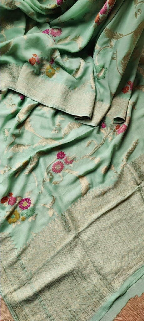 Zynah Pure Khaddi Georgette Saree with Golden Zari & Meenakari Weave; Custom Stitched/Ready-made Blouse, Fall, Petticoat; Shipping available USA, Worldwide