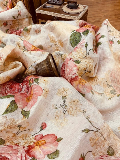 Zynah Pure Linen Saree; Custom Stitched/Ready-made Blouse, Fall, Petticoat; Shipping available USA, Worldwide