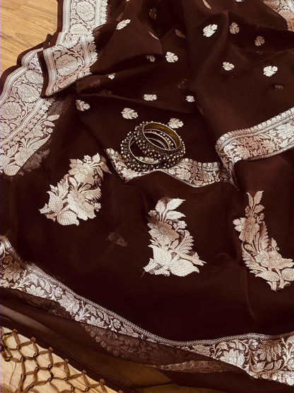 Zynah Pure Banarasi Handloom Khaddi Georgette Saree, Zari Border & Butis; Custom Stitched/Ready-made Blouse, Fall, Petticoat; Shipping available USA, Worldwide