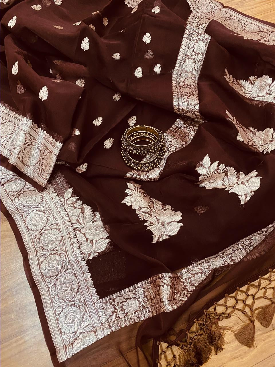 Zynah Pure Banarasi Handloom Khaddi Georgette Saree, Zari Border & Butis; Custom Stitched/Ready-made Blouse, Fall, Petticoat; Shipping available USA, Worldwide